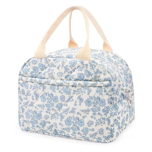 Cotton Quilted Insulated Lunch Bag, Cute Quilted Floral Lunch Tote Bags Reusable Insulated Lunch Box Coquette Aesthetic Large Capacity Insulated Cooler for Women Work Travel Picnic (Big Blue Flowers)