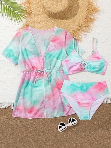 Milumia Girl's 3 Piece Swimwear Tie Dye Spaghetti Strap Bikini Swimsuit with Cover Ups3