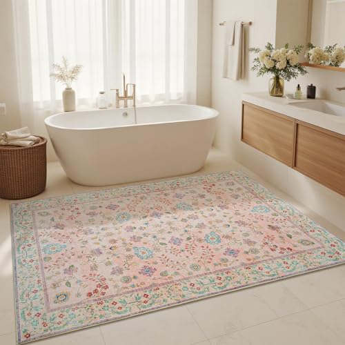 Tapete Floral Boho Lavable 5'x7' Rosa Pálido miniatura 5