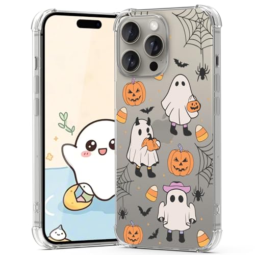 Coque iPhone 15 Pro Halloween citrouille et chat fantôme transparent en TPU souple