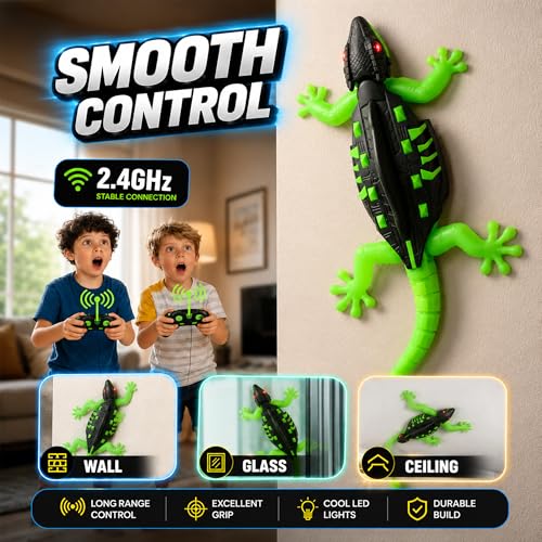 Image of OLV Wall Climbing Lizard Toy Remote Control with LED Eyes | Wall Crawler Gecko | Floor Ceiling Crawling Climbs Walls & Floors | Birthday Gift for Kids 4 5 6 7 8 9 10+ | Rechargeable RC Prank Toy
