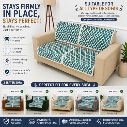 Image of Homerz Premium 'Maharaja Paradise Series' Sofa Cover | Net Fabric Sofa Cover | Washable, Anti-Dust Backed & Wrinkle Resistant Cover (Aqua Lattice, 2 Seater, Seat Cover with Backrest)