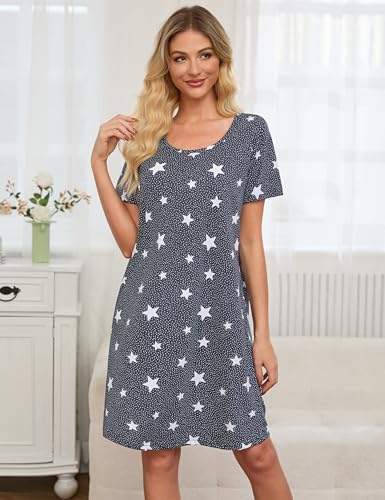 Image of ENJOYNIGHT Womens Cotton Nightgown Short Sleeve Sleepshirt Print Nightshirt | Short-Sleeve Crew Neck, Soft Cotton Fabric, Cartoon Printed Sleep Shirt, Loose Fit