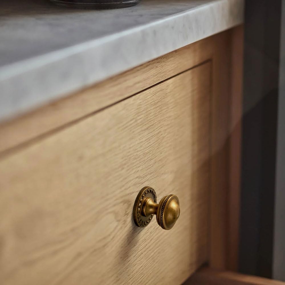 Goo-Ki Antique Brass Cabinet Knobs with Flowcrest Backplate - Classic Dome Elegant Drawer Pulls Vintage Beaded Edge Kitchen Handles, 1 1/4 Inch Diameter (6 Pack)