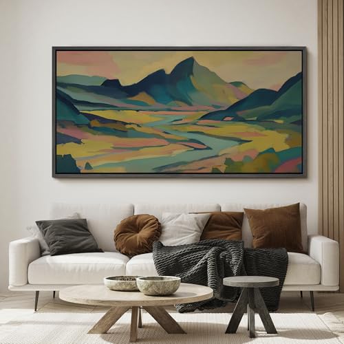 Image of MUDECOR Extra Large Framed Canvas Print Wall Art Colorful Abstract Mountain Landscape Modern Antique Retro Ready to Hang Painting for Living Room Bedroom Multi-Sizes - 60 inchx30 inch