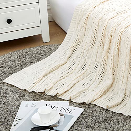 Aormenzy Cable Knit Throw Blankets 50 X 60 Inches, Soft Cozy And Lightweight Knitted Blanket, Machine Washable Acrylic Blanket, Decorative Throw Blanket For Couch Sofa Bed, Cream White #TOP2