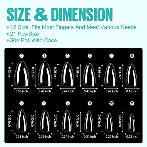 Tomicca Almond Nail Tips - 504Pcs Acrylic Nails, Clear Soft Gel Nail Tips, 12 Sizes Full Cover Pre-Shaped Fake Nails For Nail Extension Art Professional And Home Diy #TOP6