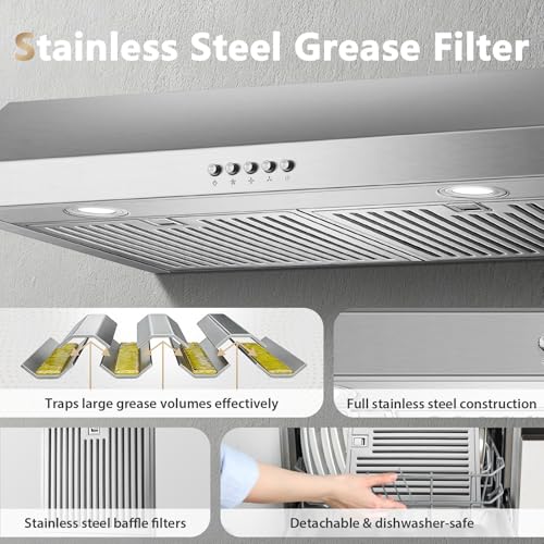 Image of Under Cabinet Range Hood 30 inch, Stainless Steel Kitchen Hood 800CFM, Stove Hood with Push Button Control, Baffle Filters, Ducted /Ductless Convertible Duct