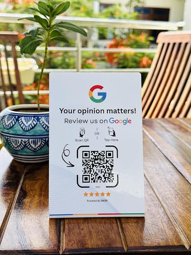Image of DAQR Review Standee with QR Code for Google Reviews | Boost Business Reviews with Tap or Scan | Pre-Configured | 4 Inches x 6 Inches | NFC Review Standee | Easy Setup | White