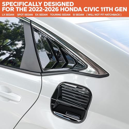 Image of for 11th Gen 2022-2026 Honda Civic Accessories, 3pcs Trim Set - Rear Quarter Triangle Window Louver Covers & Fuel Tank Cover (Fits Sedan Only /Not for Hatchback) (Carbon Fiber)