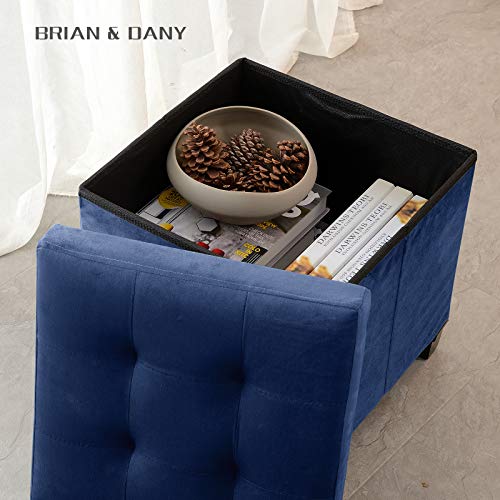 Brian & Dany Foldable Velvet Tufted Storage Ottoman With Wooden Lid, Cube Footstool With Wooden Legs & Highly Elastic Sponge Filling, Blue #TOP4