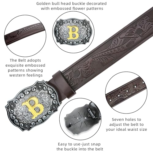 Image of Mens Western Cowboy Cowgirl Faux Leather Belt Longhorn Bull Pattern Letter Big Buckle Embossed Floral Belts