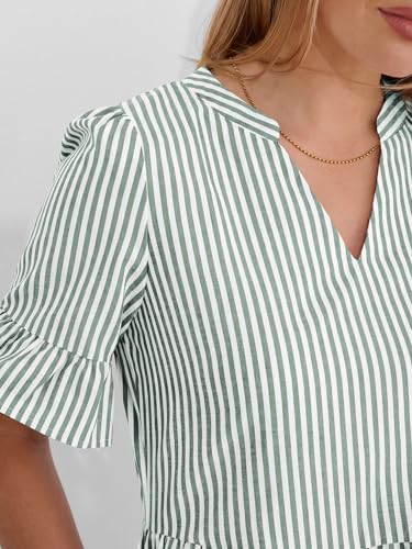 Image of Caracilia Dresses for Women Summer 2026 Striped V Neck Ruffle Sleeve A Line Tiered Flowy Casual Mini Beach Dress with Pockets