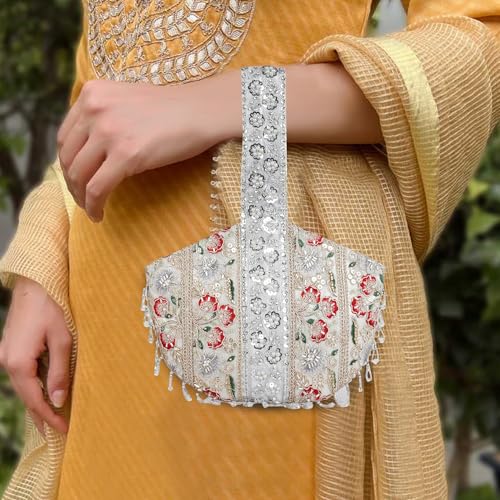 Image of Nevis Stylish Embroidery Unique Design Traditional Wedding Party Handheld Potli Bag for Women (Silver)