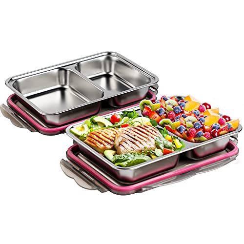 WELTRXE Stainless Steel Leakproof Lunch Box with Lid, 2-Compartment Travel Bento Box for Kids and Adults, Snack Tray Steel Lunch Container for School, Work and Travel-2 Pack