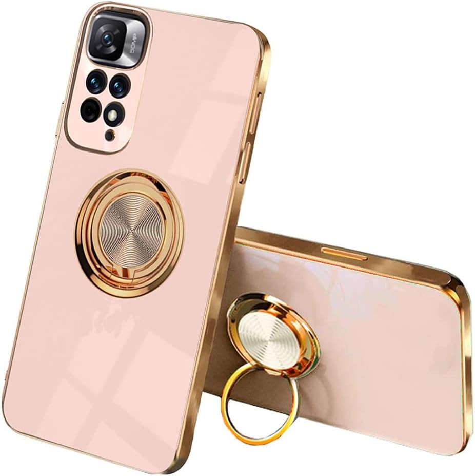 MAOGE Funda para Xiaomi Redmi Note 11S 5G / Xiaomi Poco M4 Pro 5G, 360° Anillo Soporte Galvanoplastia de Diseño Elegante Delgada Antigolpes TPU de Goma Suave Carcasa de Silicona, Rosado