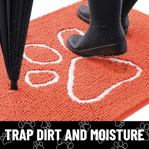 Image of Smiry Dog Door Mat for Muddy Paws, Absorbent Dirt Trapper Non Slip Quick Dry Washable Chenille Mat for Mud Dogs, Entry Rug for Indoor and Outdoor (30x20 Inches, Coral and White)