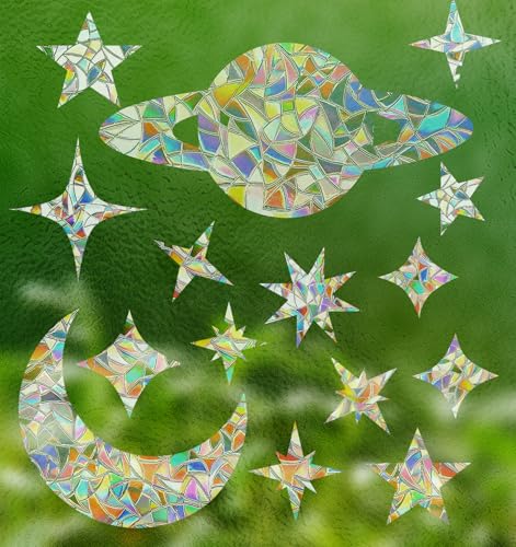 37 Stück Regenbogen Folie Fenster, Suncatcher Sticker Sterne und Mondmuster mit Prismeneffekt, Glasdekoration Terrassentüren Fenster Einfache Anwendung Wiederverwendbar