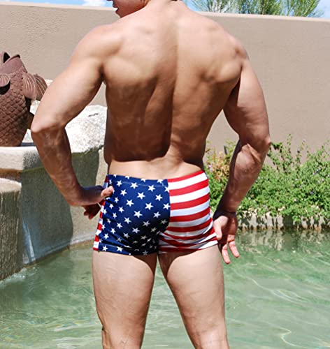 Men's American Flag Print or Solid Color Midcut Trunk Swimsuit for Men4