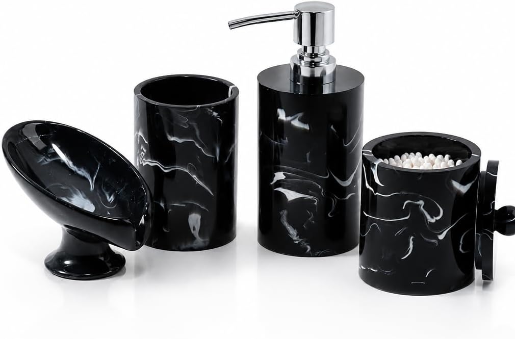 Bathroom Accessories Set，4 PCS Resin Lnk Painting Style Bathroom Accessory Set with Soap Dispenser,Toothbrush Storage Cup, Cotton Swab Holder and Soap Dish (Black)