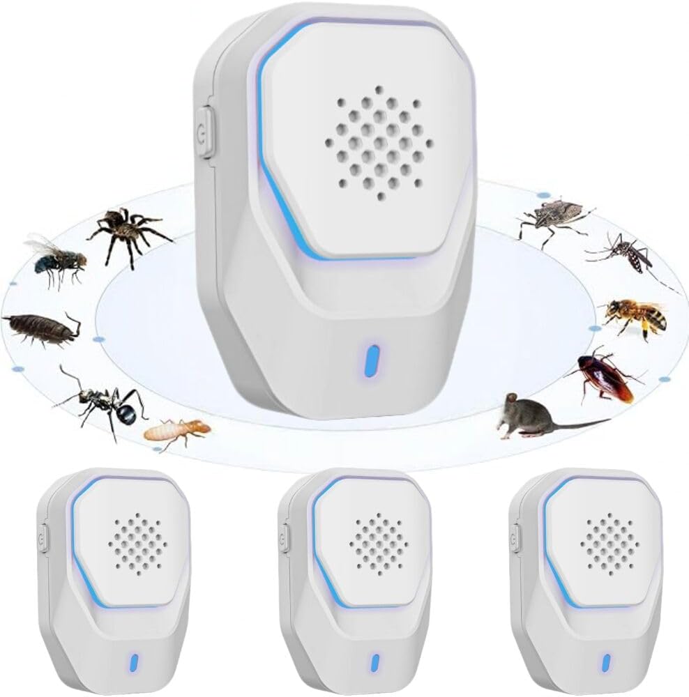 Repellente per Animali Infestanti ad Ultrasuoni,Repellente per ZanzareAnti Topi,Professionale Elettrico Ultrasuoni per Anti Zanzare,Formiche,Ragni Sicuro per Umani e Animali Domestici (Pack 4)