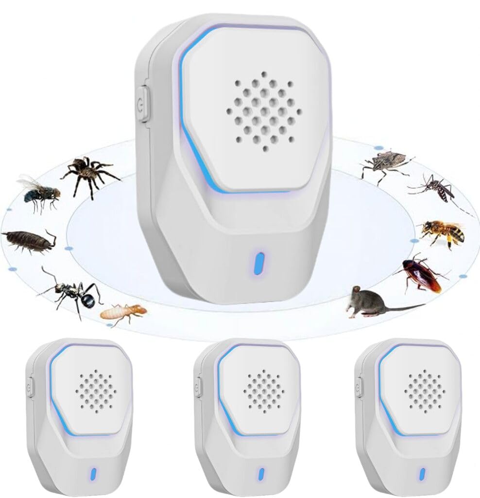 Repellente per Animali Infestanti ad Ultrasuoni,Repellente per ZanzareAnti Topi,Professionale Elettrico Ultrasuoni per Anti Zanzare,Formiche,Ragni Sicuro per Umani e Animali Domestici (Pack 4)