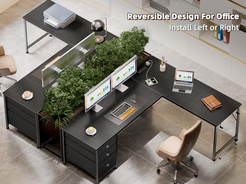 Image of Furologee 63 inch L Shaped Desk with Power Outlets & USB-C Port, Reversible Corner Computer Desk with 3 Fabric Drawers, Hooks, Large Home Office Desk for Gaming, Writing, Work, Black