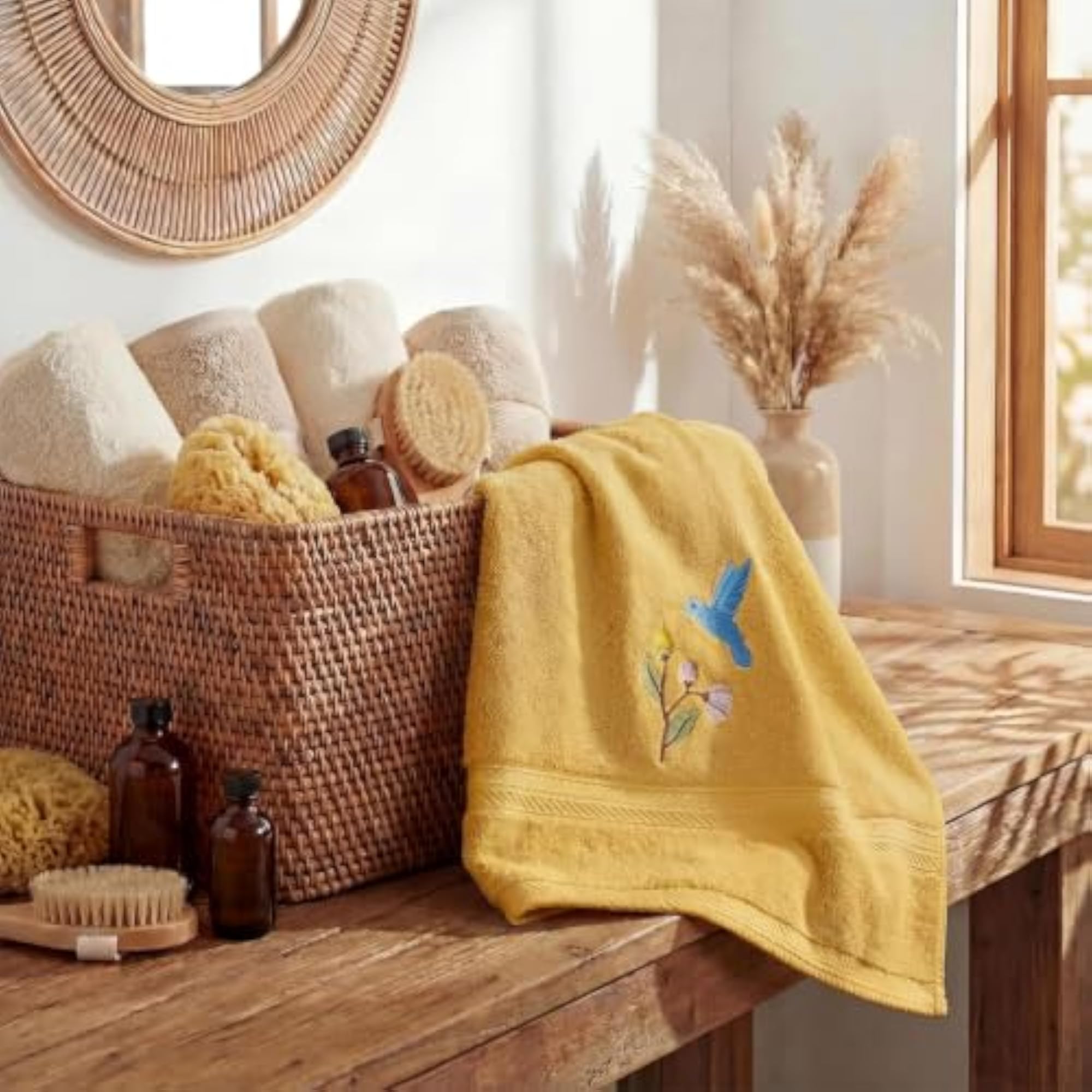 2 Pcs Yellow Bird Floral Embroidered Hand Towels, Bathroom Decor