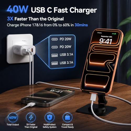 Image of USB C Wall Fast Charger Block, 40W 4-Port Type C Charger Fast Charging Blocks PD Power Charger Adapter+QC 3.0 USB Multiport Charger Brick for iPhone 17 /16 /15 /14 /13 /12 Pro Max, iPad, Galaxy S25-2Pack