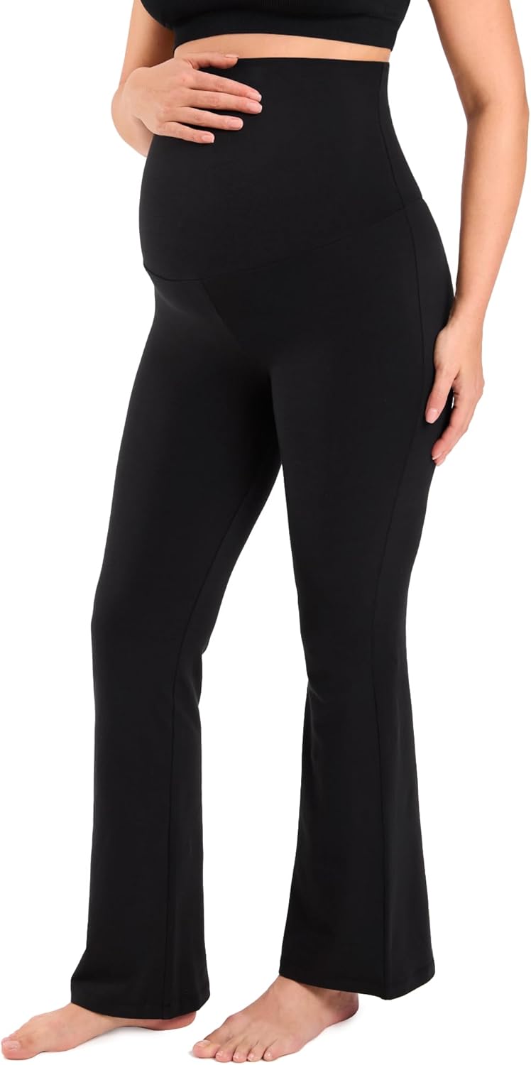 MOMANDA Cotton Maternity Foldover Pants 30.5" Cozy Lounge Pregnancy Casual Flared Pants Over The Belly High Waisted