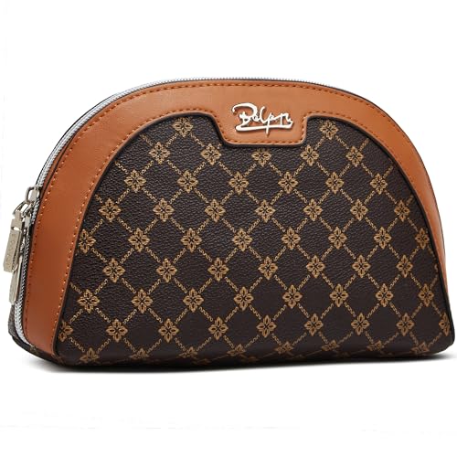 BOYATU Small Makeup Bag for Purse: Cute Cosmetic Bag with Mirror - Waterproof Vegan Leather Make up Bags for Women - Fashion Makeup Pouch for Party (010-coffee)