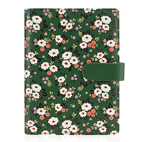 ORGPRO A5 Floral Personal Organiser,PU Leather Binder Notebook Cover,Refillable A5 Journal Folio Portfolio Cover, 6 Ring Binder Organizer with Magnetic Buckle Closure,Dark Green Cover