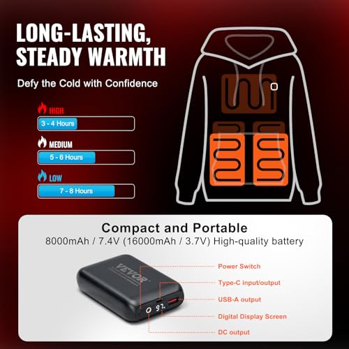 VEVOR Heated Jackets for Women Men with Battery Pack 7.4V, Heated Hoodie with 5 Heating Zones, Winter Outdoor Heated Coat3