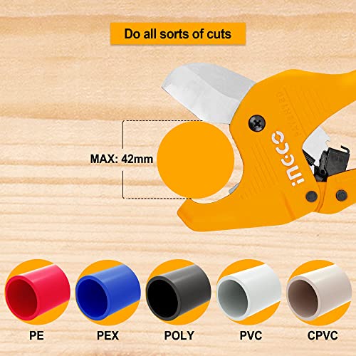 Image of INGCO PVC Pipe Cutter, 3-42mm INGCO Heavy Duty Plastic Pipe Cutter,4CR13 Tube Cutter, New Unique Handle Design, One-Hand Fast Pipe Cutting Tool for PVC PPR PE PEX Pipe and Other Plastic Pipe