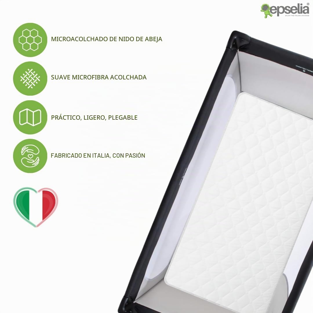 EPSELIA - Colchón de cuna para niños, enrollable, con borde, para viaje o camping, 60 x 120 x 4 cm, certificado antiasfixia EN16890:2017, poliuretano CertiPUR™ OEKO-TEX®