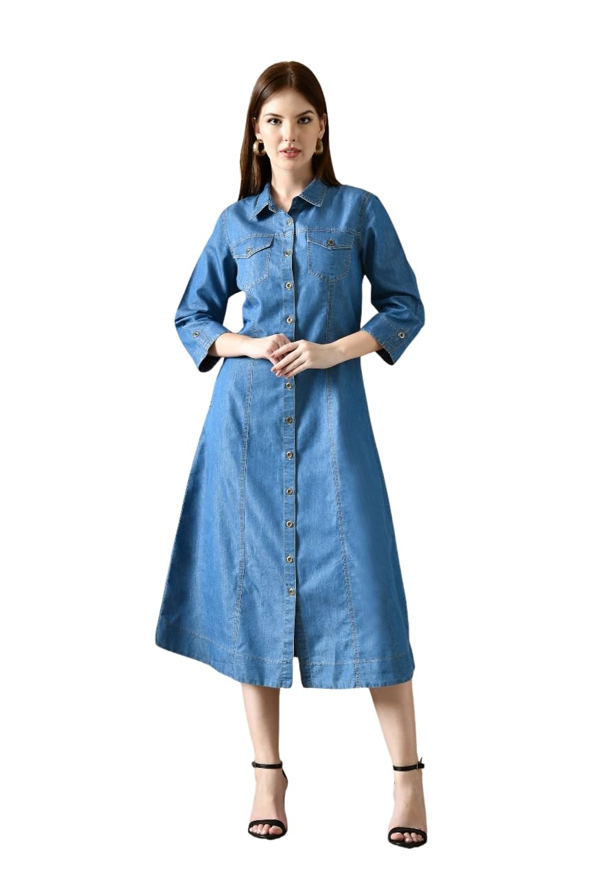 Women's Calf-Length Denim Shirt Dress | 3/4 Sleeves, Collar Neck & Front Panel Stitch Detailing | Casual |-image-14