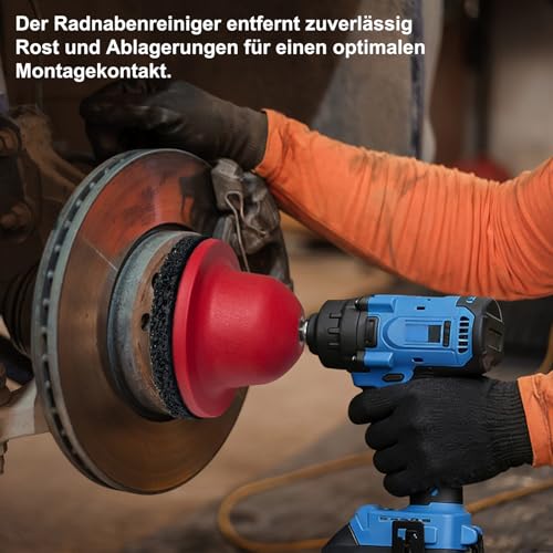 Radnabenschleifer mit 2x Schleifscheiben, Nabenreiniger inkl. Adapter für Akkuschrauber, Rostentferner Kugelkopfschleifer mit 1/2\-Antrieb, 2x Silizium-Karbid-Scheibe Ø 150 mm für Felgenreinigung