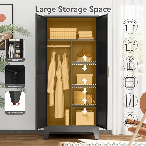 Image of Metal Broom Closet Cabinet, Utility Storage Cabinet with 4 Shelves, Farmhouse Metal Closet with Doors, 71 inch Tall Storage Cabinets with Hanging Rod and Clothing Shelf for Hallway Laundry Mudroom