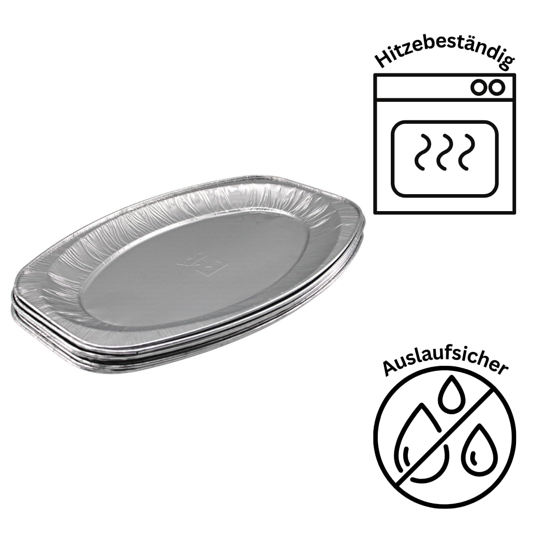 Enpack - 100 Stück Alu-Servierplatte - 43 x 29 cm - Ovaler Einweg-Aluservierteller - Große Grilltablett - Aufschnittplatte für Catering und Partys