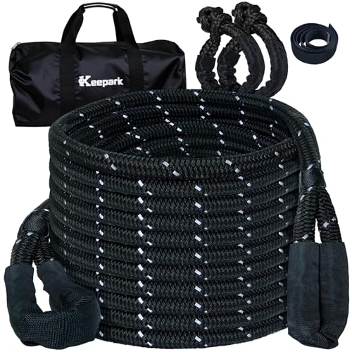 Kinetic Recovery Tow Rope Kit - 35% Stretch, 5/8inch x 20ft 15,100lb Breaking Strength Tow Strap with 2 Soft Shackles - Black