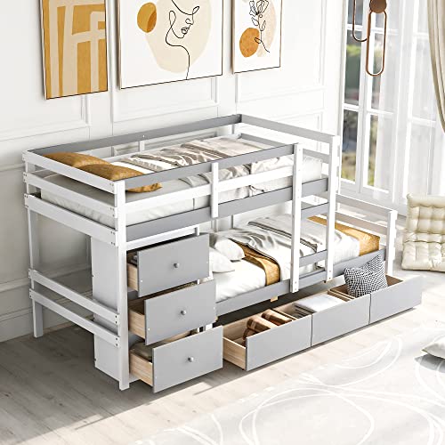 Harper & Bright Designs Twin Over Twin Low Bunk Bed with Storage Drawers and Ladder, Solid Wood Bunk Bed Frame for Kids Teens Girls Boys (Gray)