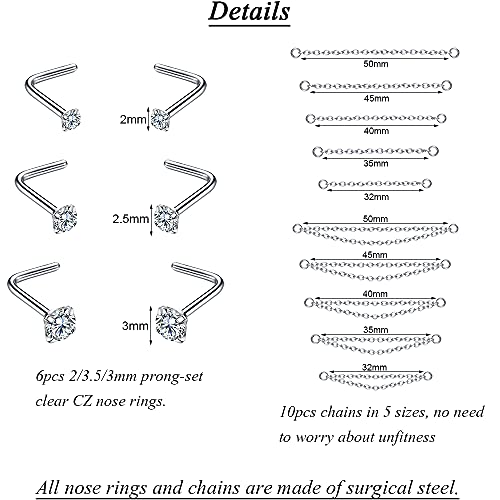 PunkTracker Nose Rings 20G - 2mm, 2.5mm, 3mm CZ Studs with Chain - Surgical Steel Nose Piercing Jewelry2