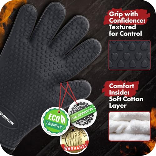 Image of KITCHEN PERFECTION Silicone Smoker BBQ Gloves - Heat Resistant Oven Mitts | Waterproof, 5-Finger Design For A Better Grip, for Pitmasters, Meat Smoking, Grilling, Cooking, Frying Turkey | Grill Gift