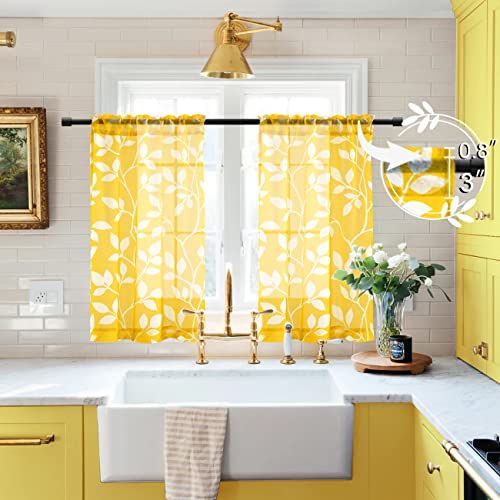 Image of XTMYI Yellow Cafe Kitchen Curtains 36 Inch Length,Floral Sunflower Decor Tier Curtains Sets for Windows,Bright Lemon Yellow and White