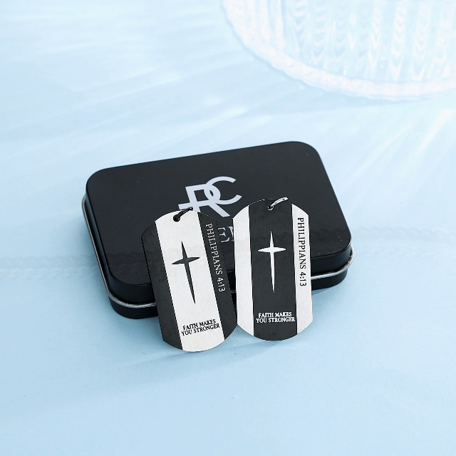 REVEMCN Black Silver Stainless Steel Bible Verse Cross Dog Tag