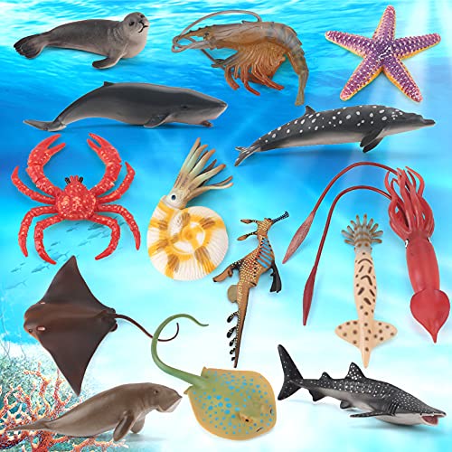 Ocean Sea Animal Figurines Bath Toy Play Set With Squid Mermaid And Shark Marine Life Sea Creature Figures Cognition Education Toy For Kids And Toddlers 14 Pcs #TOP4