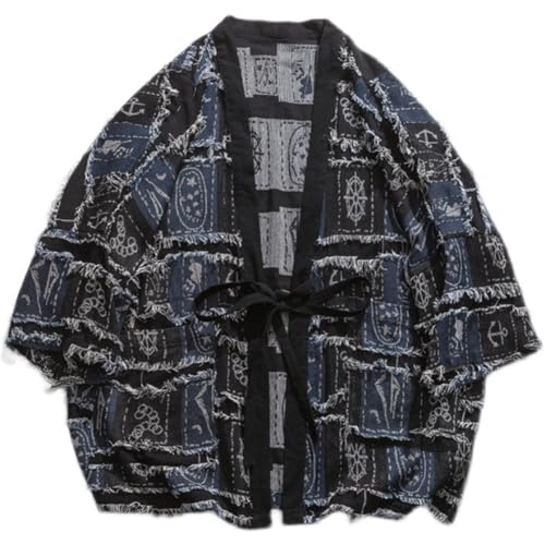 Men's Japanese Traditional Kimono Cardigan Casual Cotton Tassels Noragi Jacket Patchwork Print Yukata Coat Haori