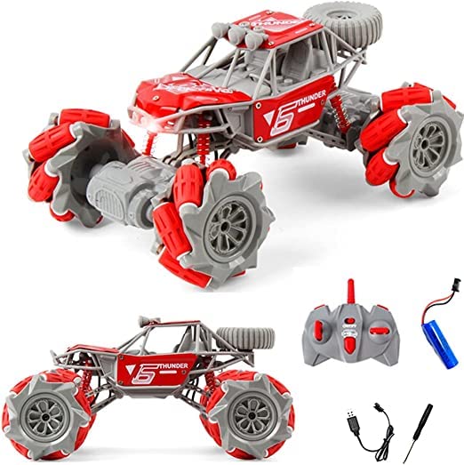 FITTO 791101087709 DIY Stunt Car RC Truck, 4WD 2.4GHz Remote Control Truck, DIY toy with off-road tires 360° turns with LED Lights RC drift trucks for Boys Birthday (BLUE) (Red), RC Stunt Car