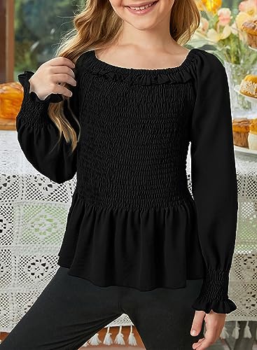 SELINK Girls Elegant Long Sleeve Blouse U Neck Smocked Cuffed Shirts Ruched Ruffle Fall Casual Tunic Tops3