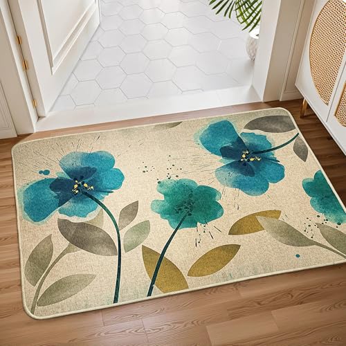 Image of Yellow Weaves 1 Pc Jute Texture Non-Slip Bathmat, Water Absorbent Floor mat, Rugs, Door Mats for Bathroom, Living Room, Bedroom, Entrance, Outdoor, Kitchen, Office (Teal Blue Floral)